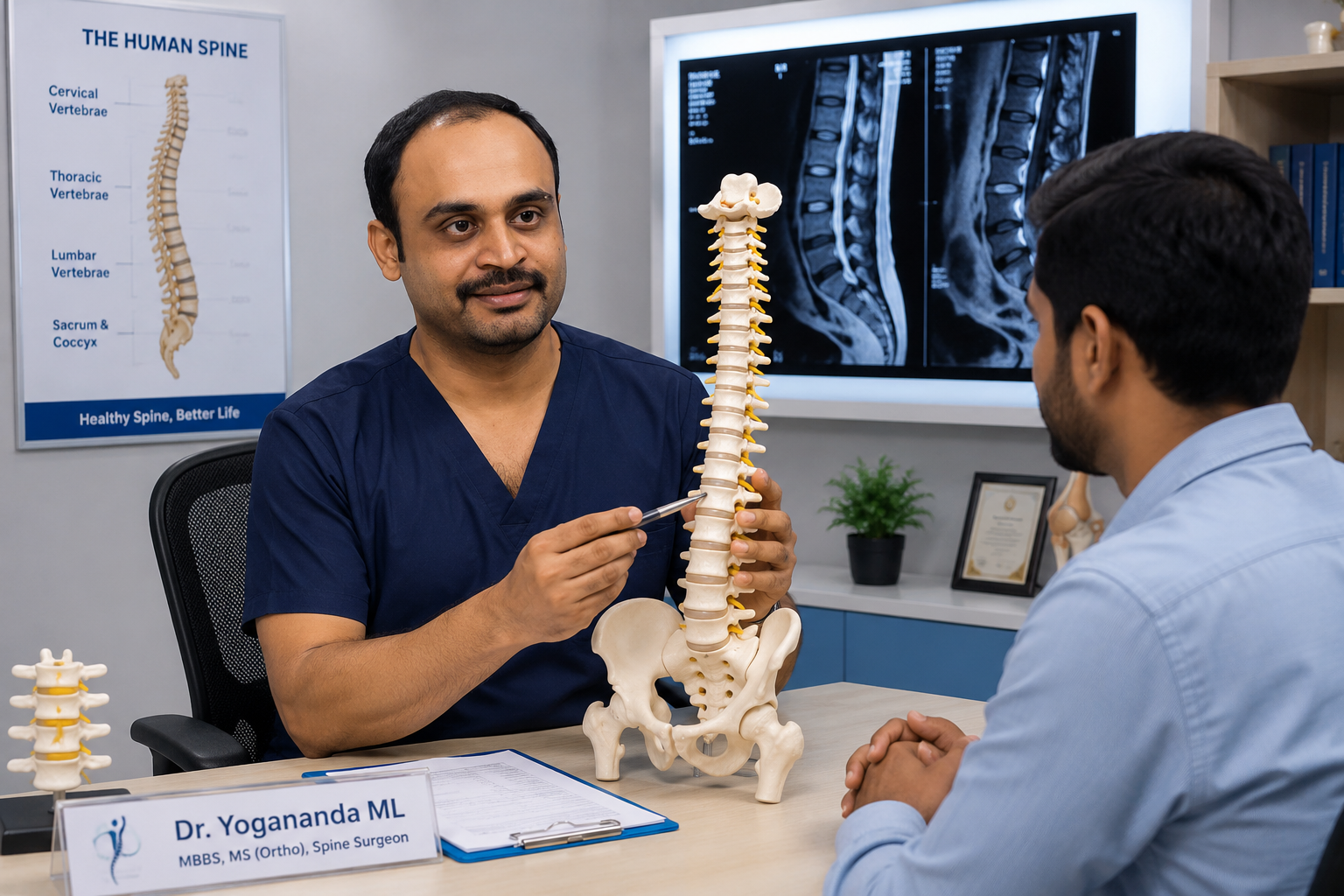 When Is Spine Surgery Actually Necessary? Spine specialist explaining a spine model during patient consultation
