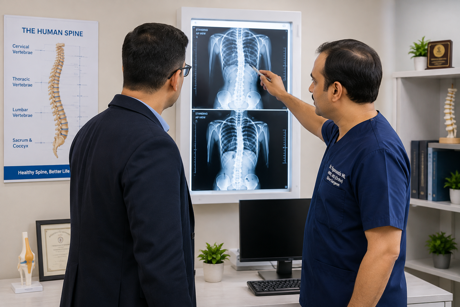 When Should You Consult a Spine Specialist for Back Pain? Spine specialist explaining spinal X-rays to a patient