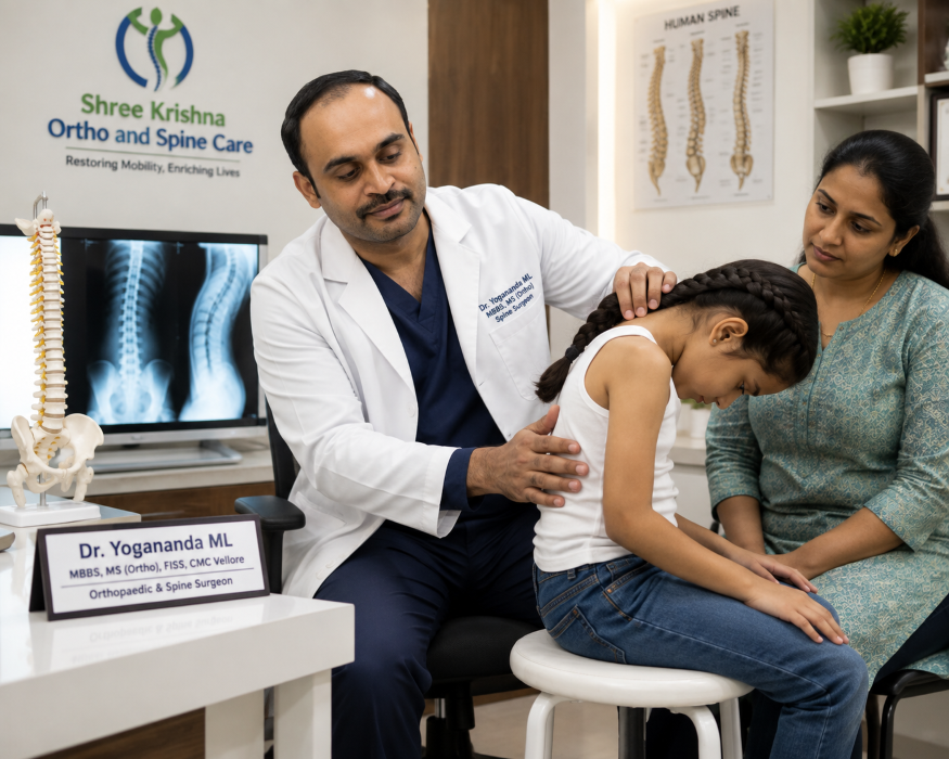 Scoliosis in Children and Adolescents: What Parents Should Know Scoliosis assessment in a child at Shree Krishna Ortho and Spine Care, Mandya